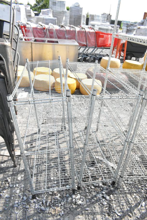 2 Chrome 3-tier wire shelving units, good condition, dismantling required by buyer, ideal for storage solutions.