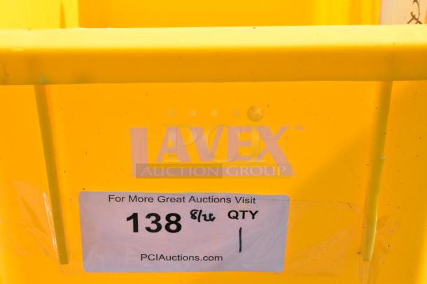 Lavex Yellow Poly Slim Jim Trash Can, durable plastic, good condition, Lavex branding, auction label indicating item number 138.