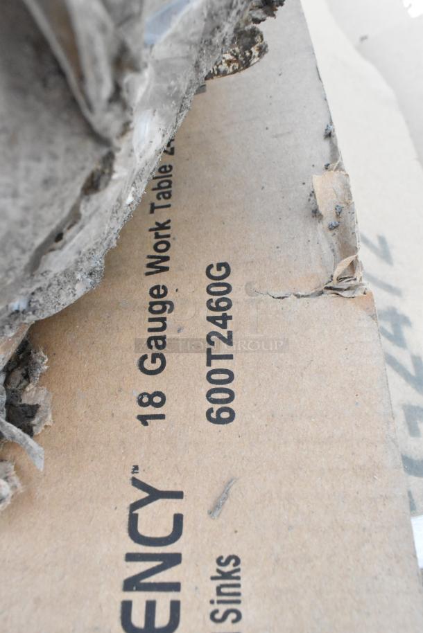 Packaging with "18 Gauge Work Table 24x60 600T2460G" and "Regency" branding, showing item label details.