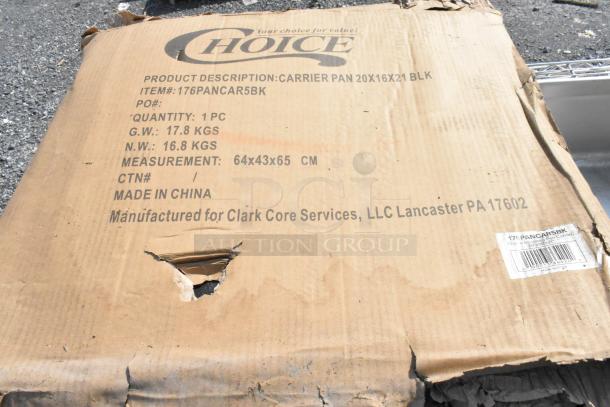 Box for Choice Black Front Loading Insulated Food Pan Carrier, model 176PANCAR5BK, with visible damage and labels.