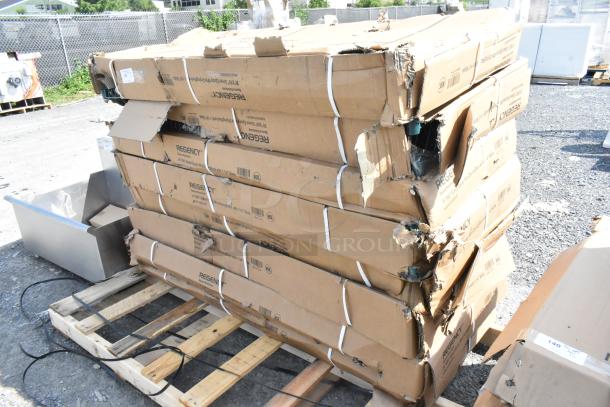 Box of 2 Regency 24"x60" green epoxy wire drying rack shelves, scratch and dent; visible damaged boxes on wooden pallet.