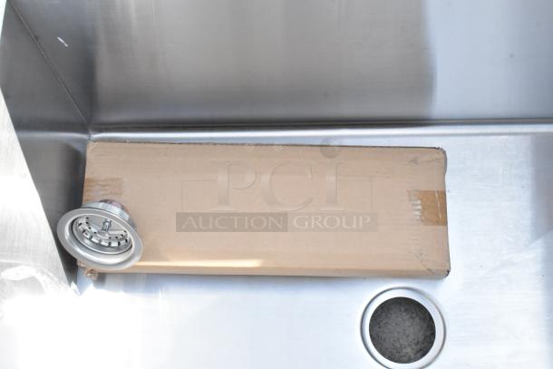 Brand new Steelton 522US13624 utility sink, 36"x24"x14", no legs, one 8" center faucet hole, stainless steel, minor scratches.
