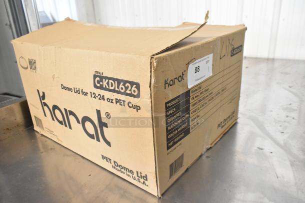 Brand new Karat C-KDL626 dome lid box for 12-24 oz PET cups, 1000 count. Item details and specs visible on box.