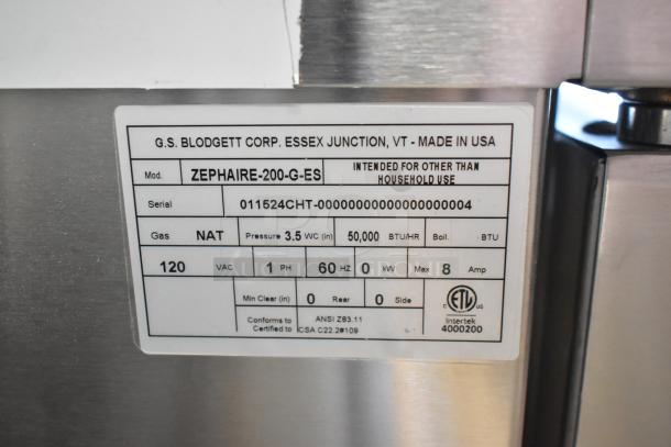 2024 Blodgett Zephaire-200-G-ES Convection Oven label, stainless steel, natural gas, 50,000 BTU, made in USA.
