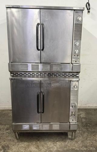 Market Forge M2700HEC double stacked stainless steel convection oven, good condition, with control knobs and sturdy handles.
