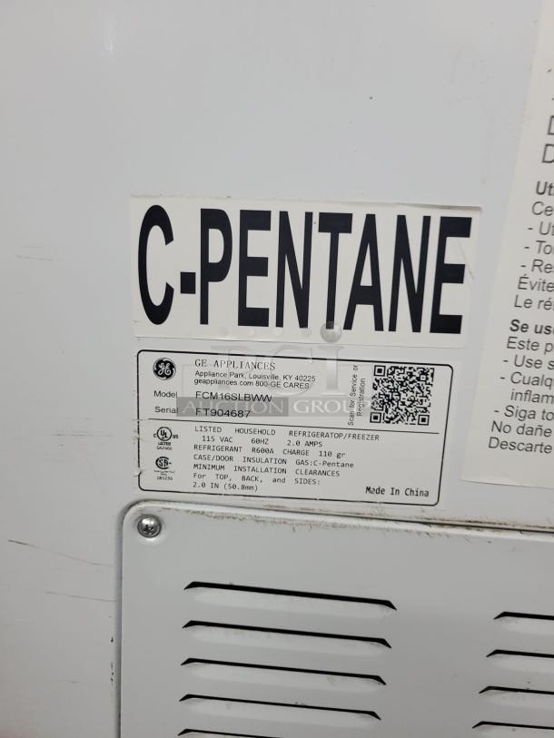 GE 65-inch Energy Star chest freezer, model FCM16SLB, 15.7 cu. ft., tested and working, label showing C-Pentane insulation.