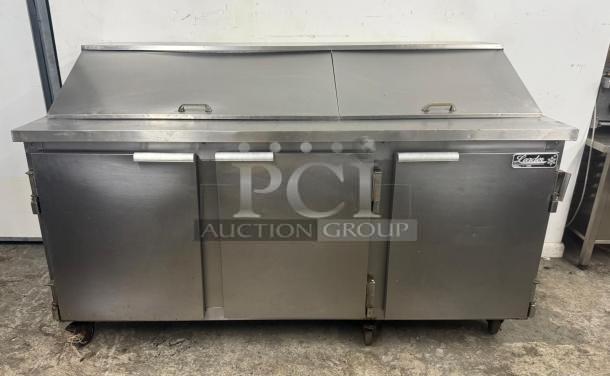 Leader commercial undercounter 3-door lowboy refrigerator with worktop. Stainless steel, used condition, model Leader.