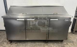 Leader commercial undercounter 3-door lowboy refrigerator with worktop. Stainless steel, used condition, model Leader.