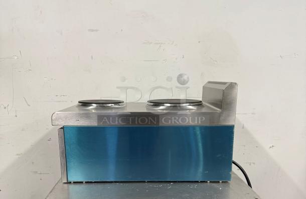 Prepline GS-03 hotplate with two burners, stainless steel finish, new condition, power cord attached.