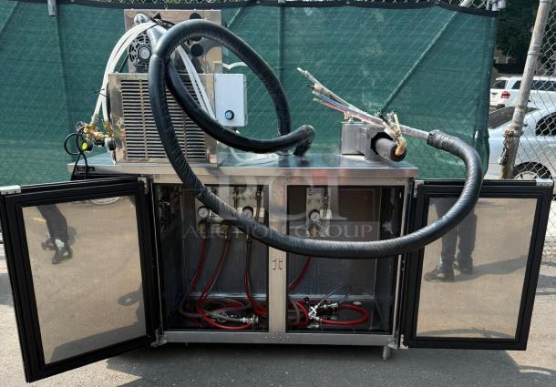 Perlick 4404 60" stainless steel beer dispenser, holds (5) 1/4 kegs. Open doors reveal interior components and hoses.