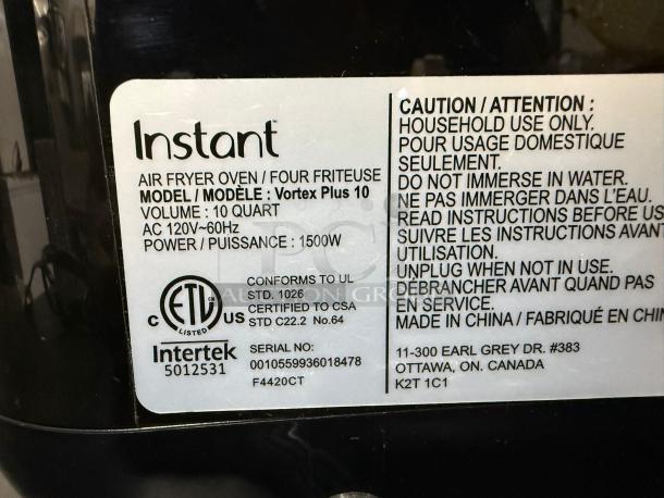 Instant Pot Vortex Plus 10, 7-in-1 Air Fryer Toaster Oven Combo in black/stainless steel, 1500W, 10-quart capacity.