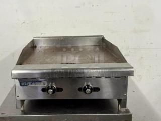 Radiance thermostatic flat grill, stainless steel, 2 burners, used condition, features two temperature control knobs.