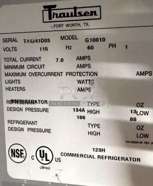 Traulsen G10010 refrigerator label showing model, serial number T44241D03, specifications, NSF and UL certifications.