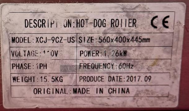 Label for Hot Dog Roller Grill XCJ-9CZ-US, 120v, 1.26kW, size 560x400x445mm, made in China, produced 2017.09.