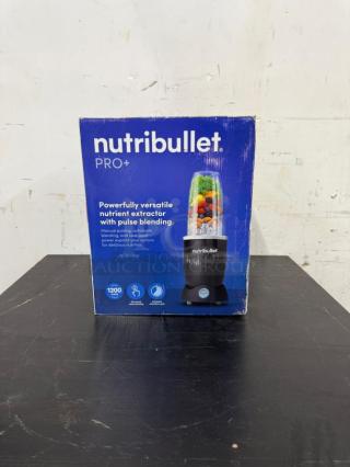 NutriBullet Pro Plus 1200W Blender, Matte Black, Model N12-1001. New in box; features pulse function, nutrient extraction.