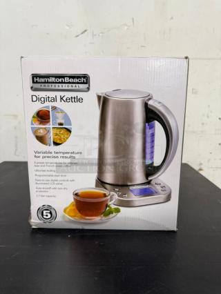 BRAND NEW Hamilton Beach Digital Kettle, black stainless steel, 1500W, features variable temperature, 1-year warranty.