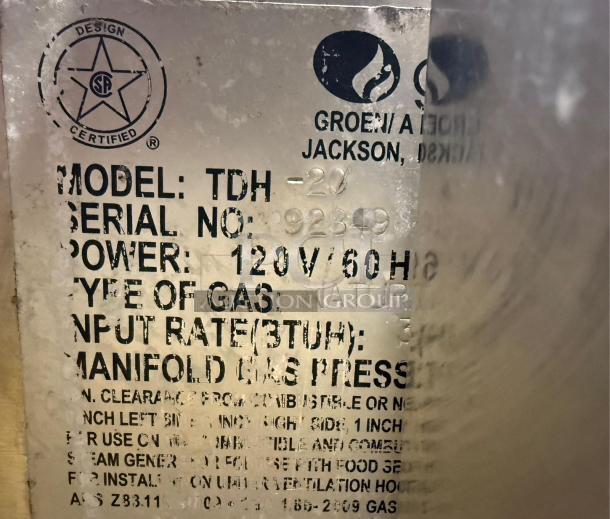 GROEN TDH-20 gas steam jacketed tilting kettle label showing model, serial number, and power details.