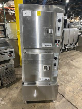 Cleveland Range SteamCraft Power-10 Series dual compartment stainless steel convection steamer, Model 24CGP10, with boiler base and individual controls.