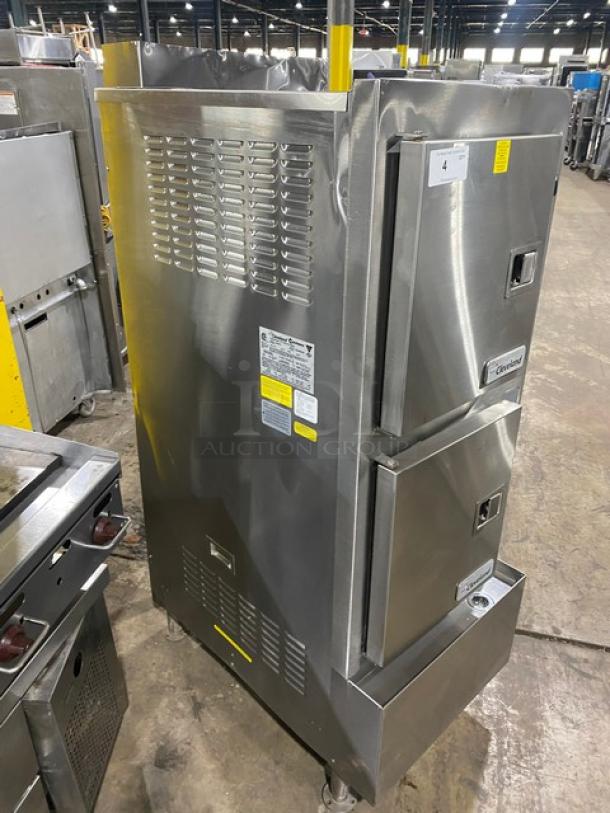 Cleveland Range 24CGP10 SteamCraft Power-10 stainless steel dual compartment convection steamer with boiler base, individual controls, and pan racks.