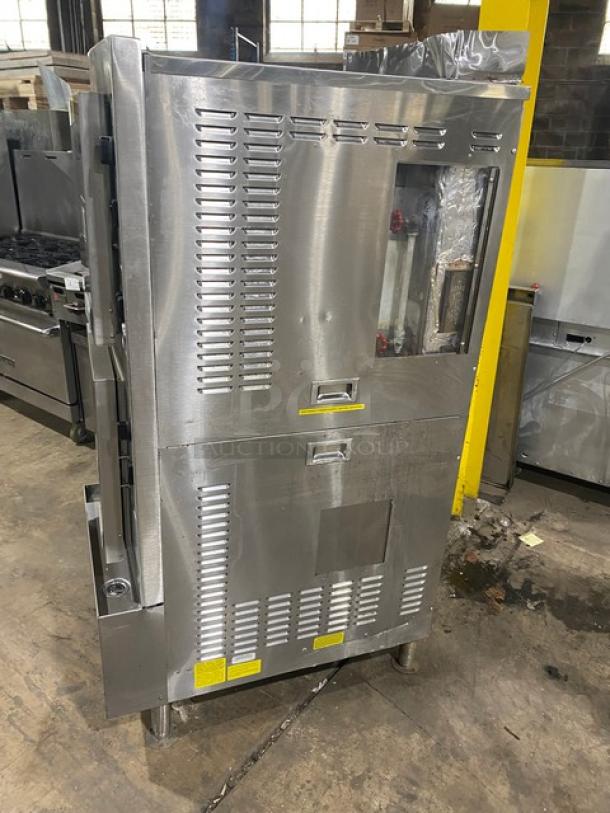 Cleveland Range SteamCraft Power-10 stainless steel gas-powered 10-pan convection steamer, dual compartments, boiler base, model 24CGP10, with controls and pan racks.