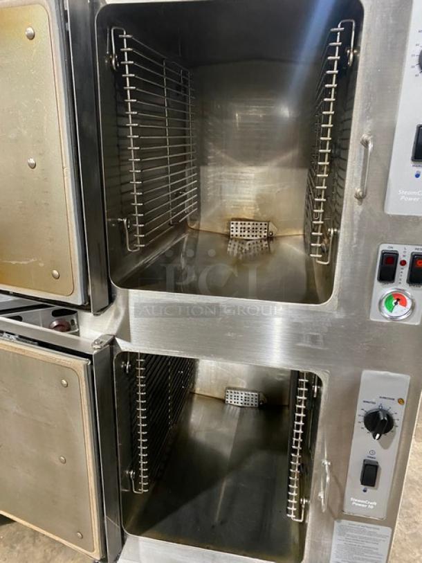 Cleveland Range SteamCraft Power-10 dual compartment convection steamer, model 24CGP10, stainless steel, with individual controls and pan racks.