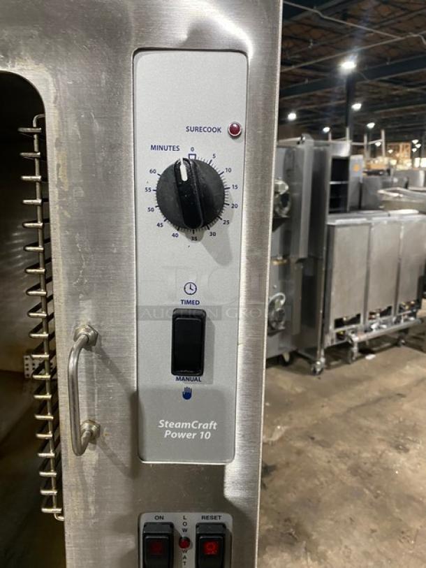 Cleveland Range SteamCraft Power-10 convection steamer, stainless steel, dual compartment, natural gas, 10-pan capacity.