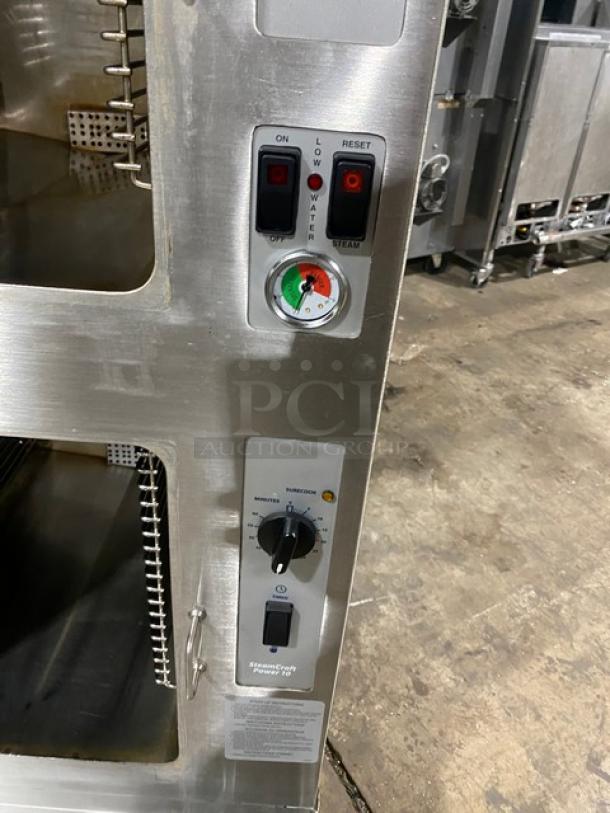 Cleveland Range SteamCraft Power-10 Series dual compartment convection steamer. Stainless steel, boiler base, individual controls. Model 24CGP10.