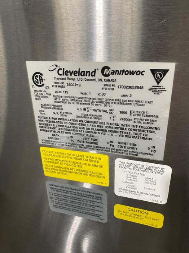 Cleveland Range SteamCraft Power-10 Dual Compartment 10-Pan Convection Steamer, Model 24CGP10, stainless steel, natural gas, boiler base, individual controls, serial 170323052048, on legs.