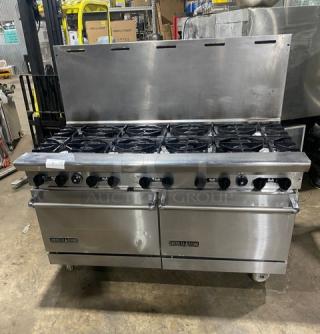 American Range stainless steel 10-burner natural gas range with double oven, backsplash, wired racks, and casters.