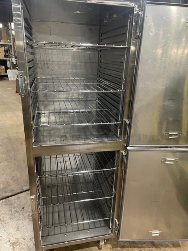 Alto-Shaam 1200UPSR heated holding/proofing cabinet, stainless steel, Dutch doors, chrome wire racks, on casters.