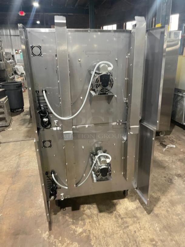 Alto-Shaam 2019 Stainless Steel Double Stacked Gas Convection Oven, Model ASC4G, with thermostatic controls, wired rack, on casters.