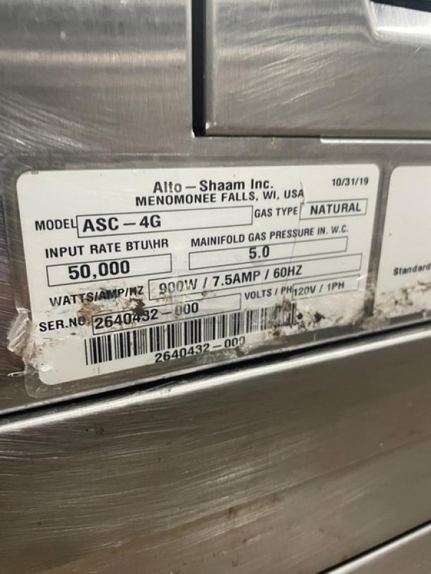 Alto-Shaam ASC-4G convection oven label, detailing model, natural gas type, 50,000 BTU/hr input rate, and serial number.