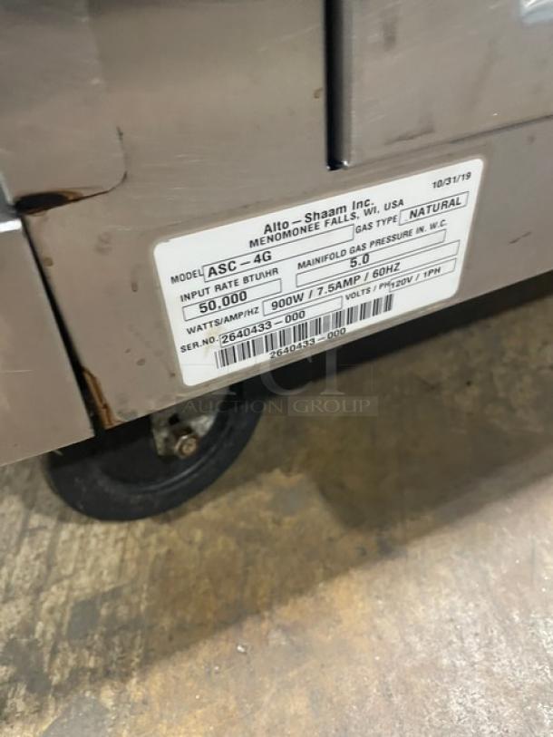 Alto-Shaam ASC-4G stainless steel convection oven label, natural gas, model info, serial number 2640433-000, on casters.