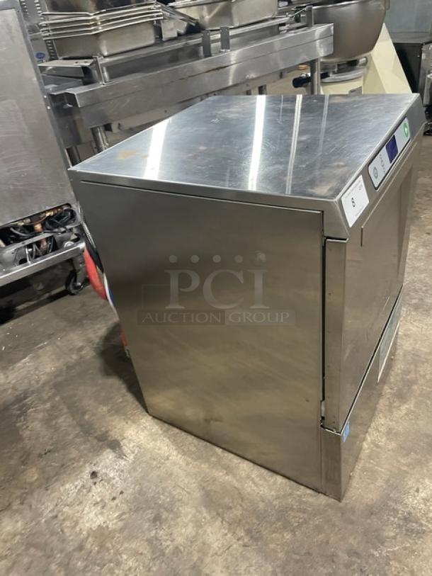Hobart LXEC undercounter dishwasher, stainless steel, electric, Energy Star certified, includes cup rack, commercial-grade.