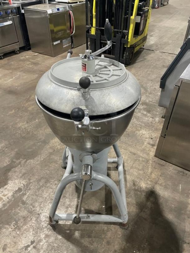 Hobart commercial electric chopper/mixer with stainless steel tilting bowl, cover, on legs and casters; used condition.