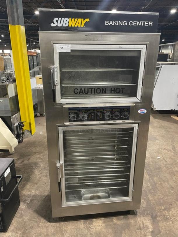 Nu-Vu SUB123 Subway-style stainless steel double deck oven/proofer combo with wired racks, 208V, 3+N phase, on casters.