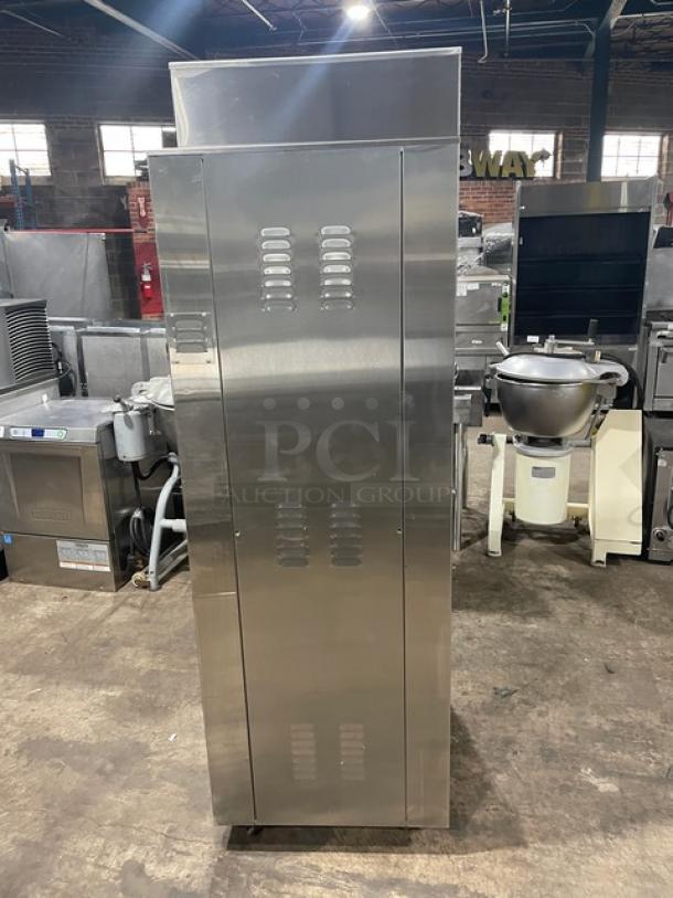 Nu-Vu SUB123 stainless steel double deck oven/proofer combo. Electric, 208V, on casters, with wired racks. Model: SUB123.