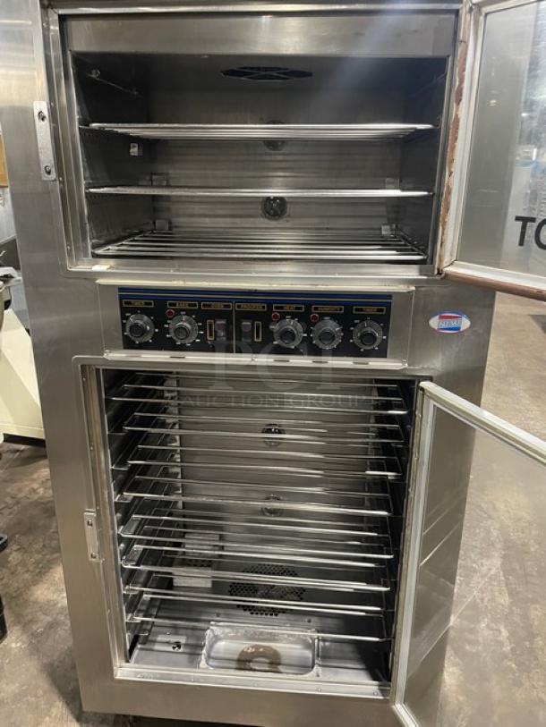 Nu-Vu Subway Style double deck oven/proofer combo, model SUB123, stainless steel, electric, with wired racks, on casters.