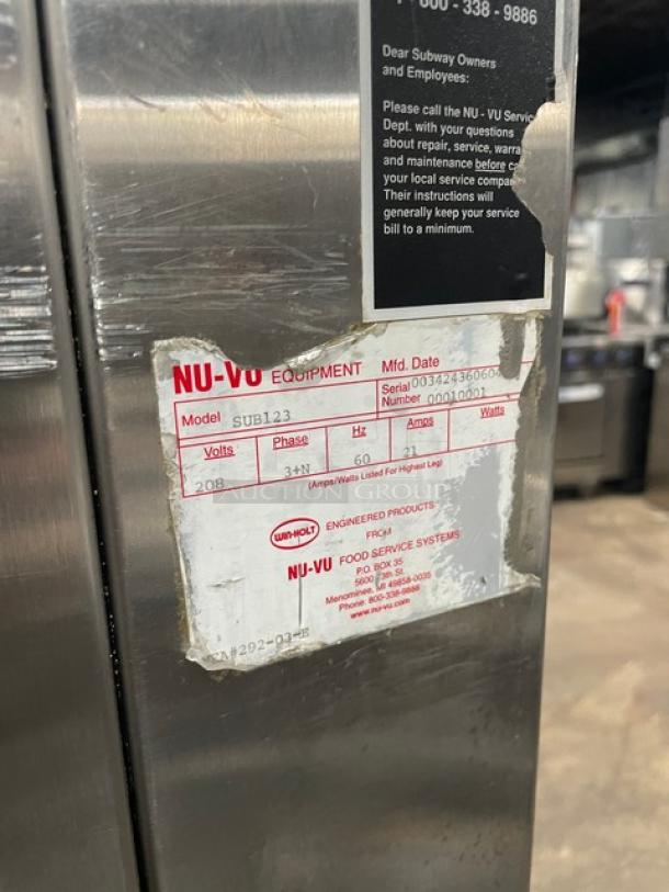 Nu-Vu SUB123 stainless steel double deck oven/proofer combo, electric, 208V, 3+N phase, on casters, with wired racks.
