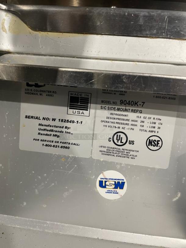 Randell 9040K7 2-Door Refrigerated Bain Marie Prep Table, stainless steel, with poly coated wire rack, on casters.