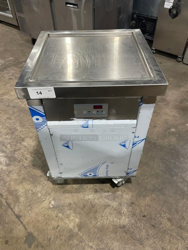 Commercial stainless steel electric cold-plate rolled ice cream machine, model K06005, with digital controls, 110V, on casters.