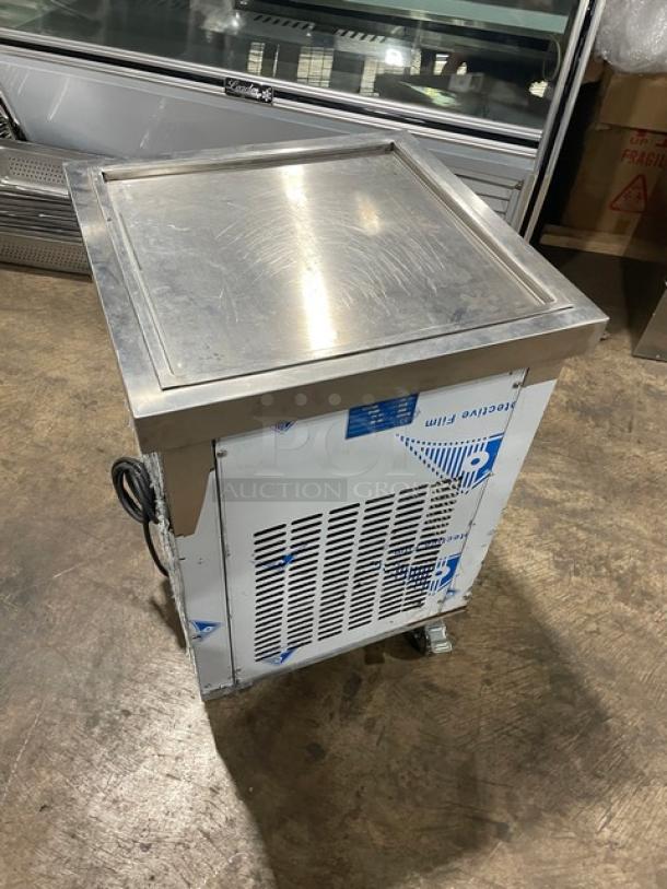 Commercial stainless steel single cold-plate rolled ice cream machine, Model K06005, with digital controls, on casters.