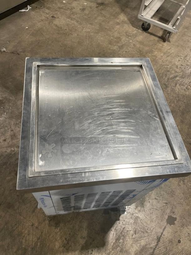 Commercial stainless steel electric rolled ice cream machine, model K06005, single cold-plate with digital controls, on casters.