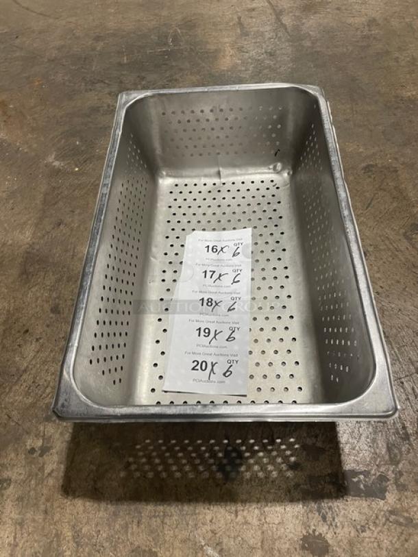 Commercial full-size perforated stainless steel hotel pan. Good condition, ideal for steam tables.
