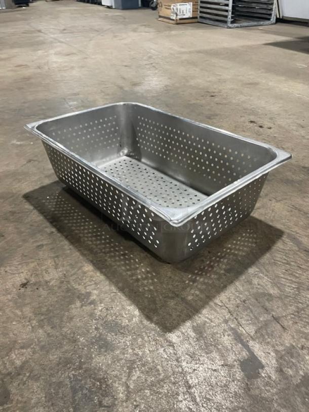 Stainless steel full-size perforated hotel pan, excellent condition, ideal for steam tables, commercial use.