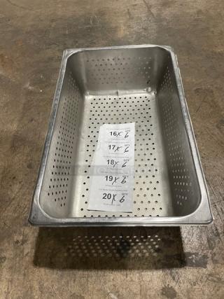 Commercial stainless steel perforated steamtable pan, full-size, excellent condition, visible size labels inside.