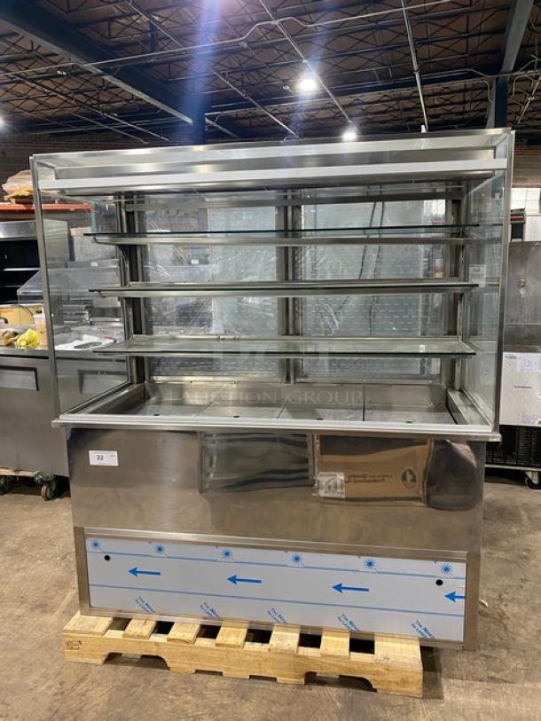 RPI Vienna Series stainless steel refrigerated display case, model VIAS434RSQSC, with squared glass and rear access doors.