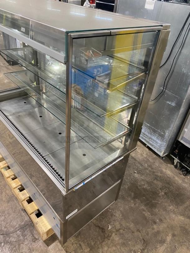 RPI Industries Vienna Series stainless steel refrigerated display case, Model VIAS434RSQSC, with squared glass and rear hinged doors.