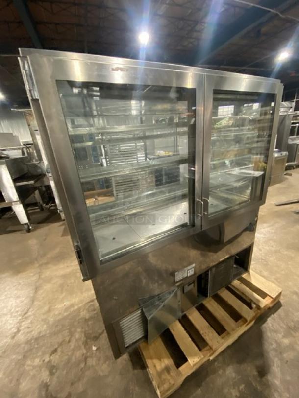 RPI Industries Vienna Series stainless steel refrigerated display case, Model VIAS4-34-R-SQ-SC, with glass doors and ventilation kit.