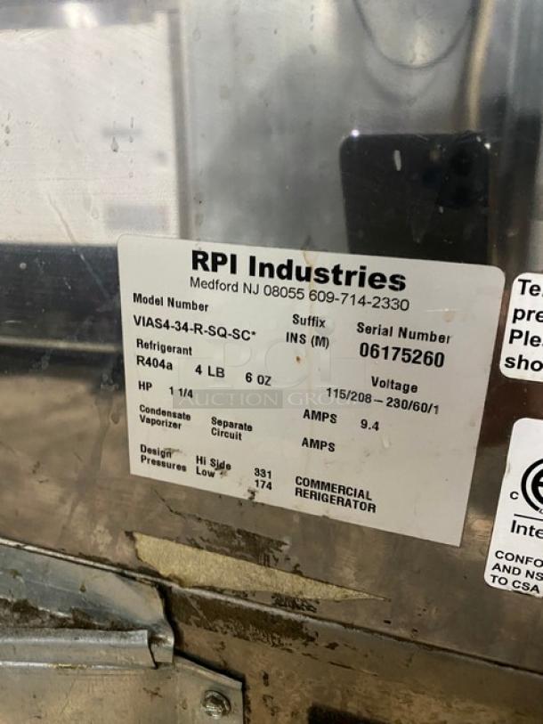 RPI Industries Vienna Series stainless steel self-service display case, Model VIAS434RSQSC, with rear access doors. Serial number 06175260.